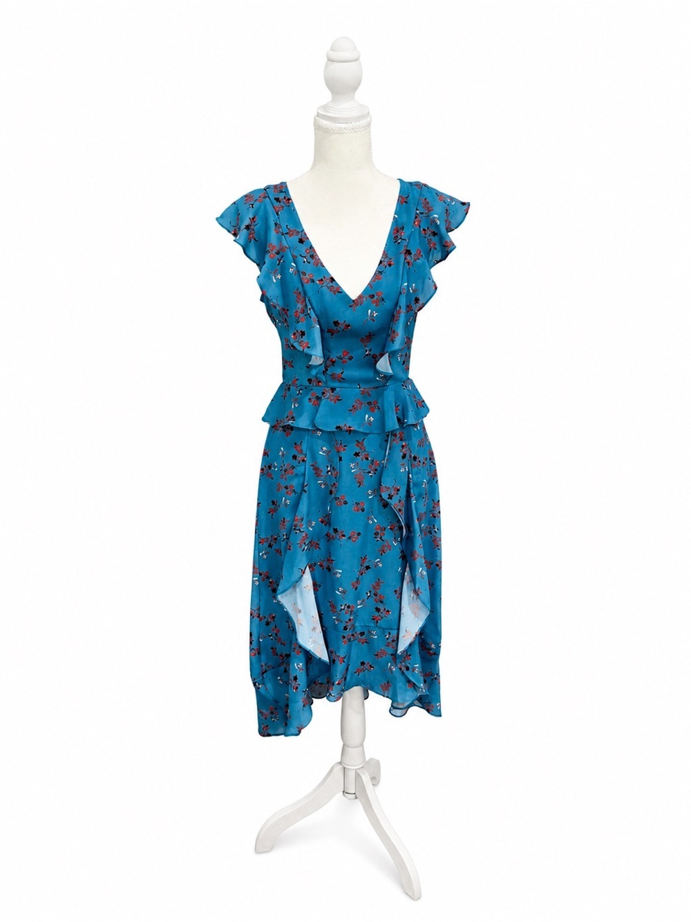 Parker NYC Blue Floral Ruffle Wrap Midi Dress XS NWT Feminine Flutter Sleeve